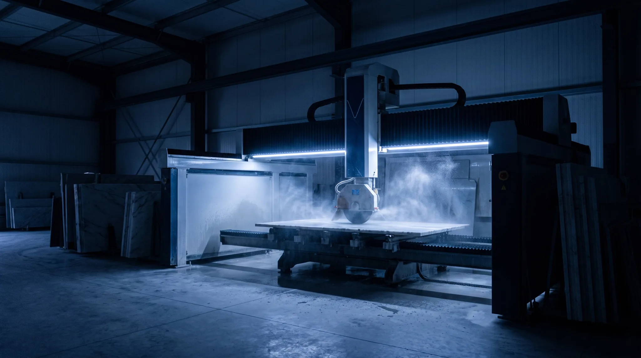 CNC bridge saw cutting a stone slab under blue workshop light
