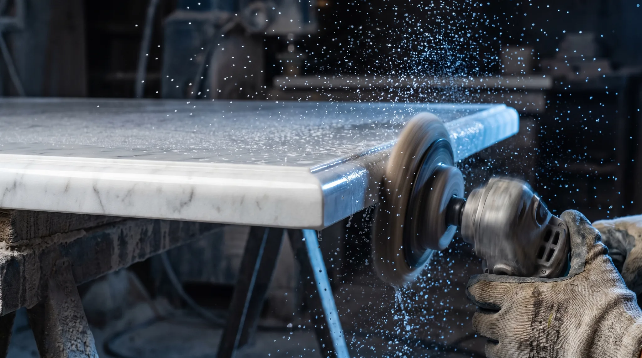Stone edge being wet-polished, water flying off the benchtop edge