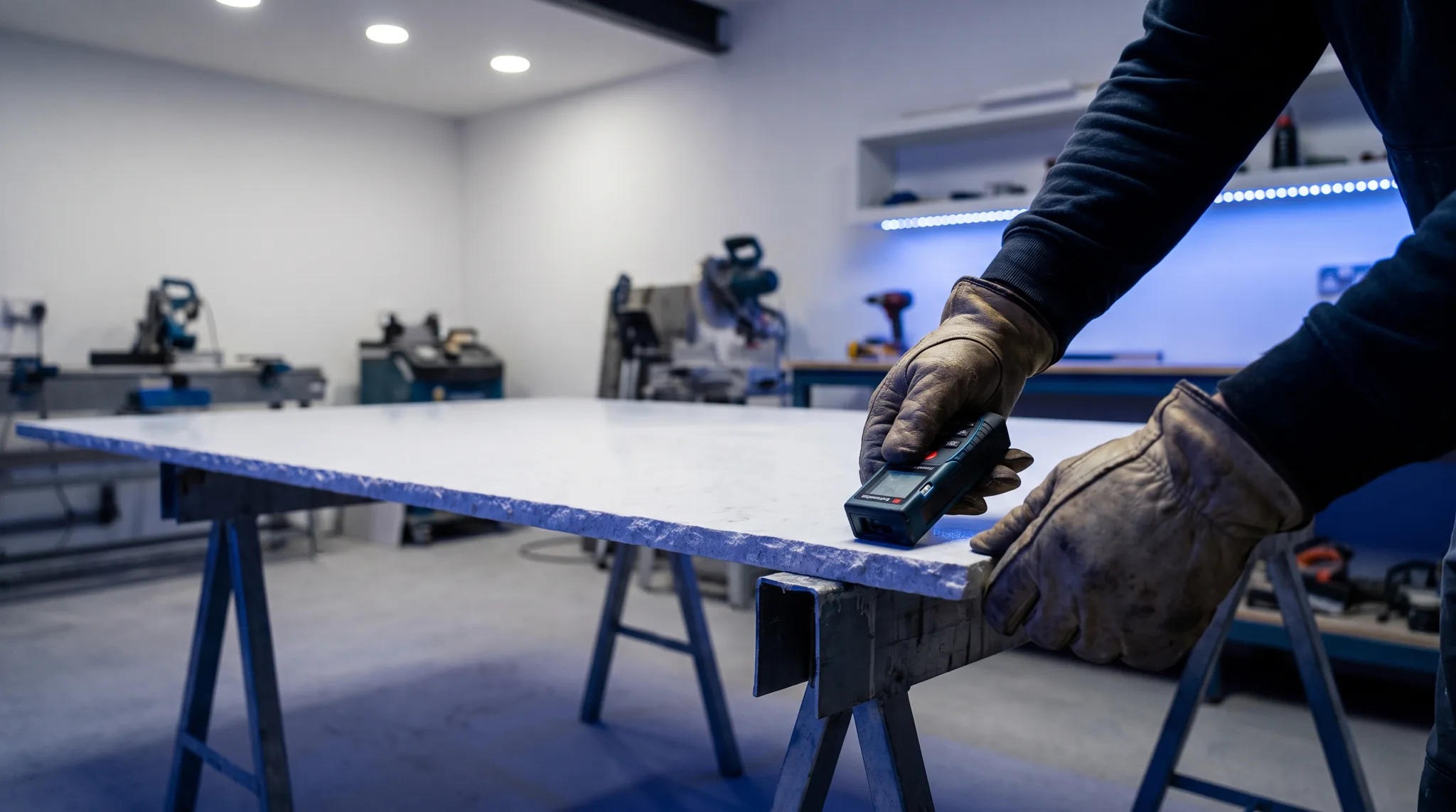 Tradesman templating the edge of a stone slab in the workshop