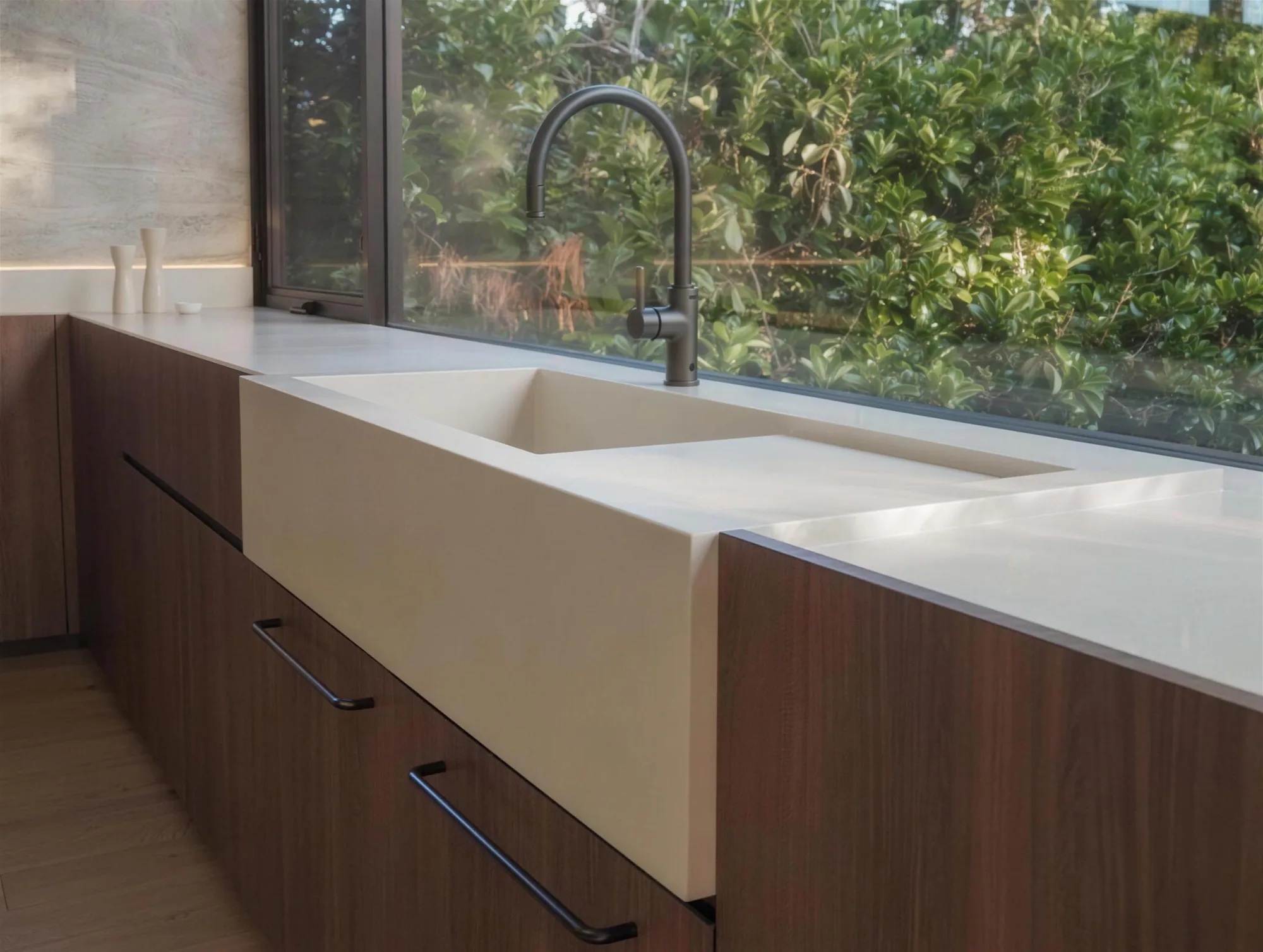 Concrete-look benchtop and farmhouse sink in a timber cottage kitchen at Kahibah
